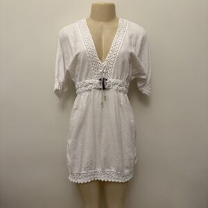 Cotton Collection White V Neck Beach Dress Lace Boho Coastal Cowgirl Cottage S